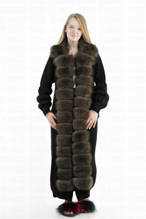 Black Fox Fur Collar Cardigan Long Cashmere Coat