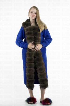 Blue Fox Fur Collar Cardigan Long Cashmere Coat Hoodies