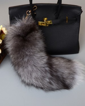 Silver Blue Fox Fur Tail Pendant Bag Charm