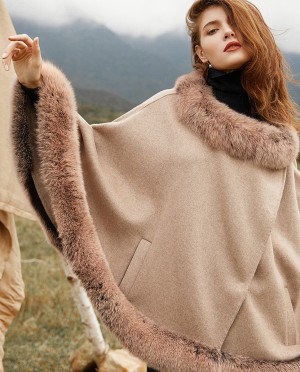 Fox Fur Trim Cashmere Cape