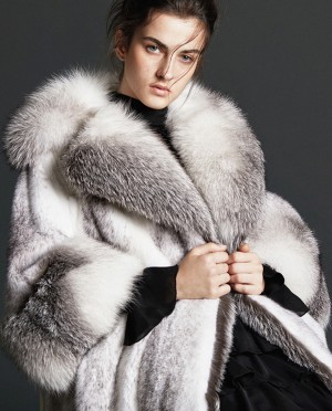 Black Cross Mink Fur Long Coat With Shadow Blue Frost Fox Fur Trim