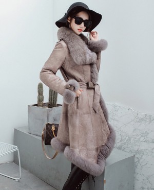 Shearling Sheepskin Coat with Fox Fur Trim