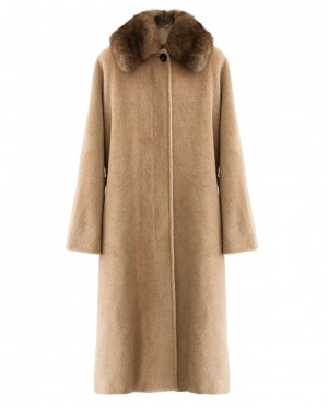 Belted Long Woolen Coat with Sable Fur Trimmed Collar