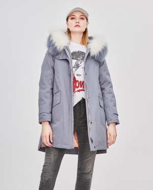 Raccoon Fur Trimmed Hooded Down-filled Winter Coat in Cloud-gray