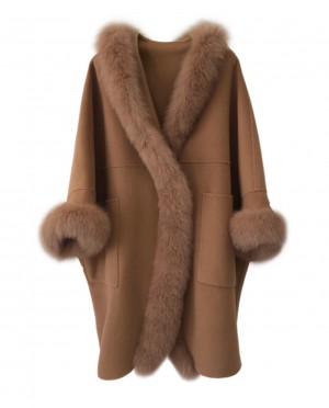 Hooded Cashmere Poncho Coat with Fox Fur Trim