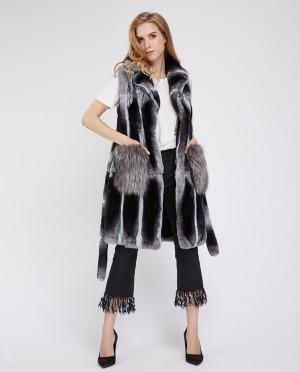 Real Rex Rabbit Fur Gilet Vest Chilchilla Color Silver Fox Fur Trim