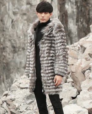 Hooded Mens Silver Fox Fur Coat