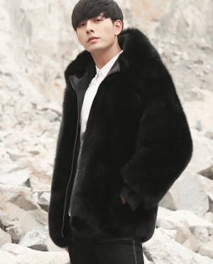 Mens Fox Fur Black Hooded Zip Coat