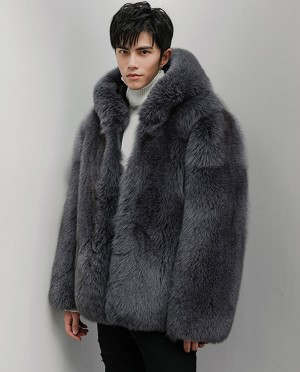 Mens Fox Fur Hooded Coat