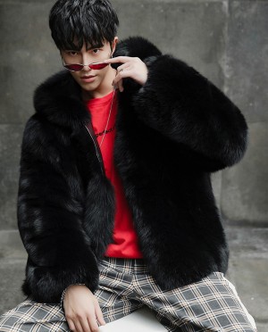 Mens Fox Fur Hooded Black Coat