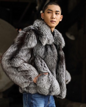 Mens Silver Fox Fur Bomber Jacket