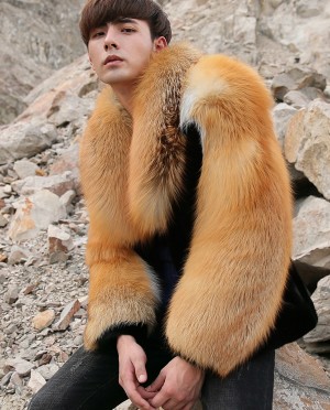 Mens Black Mink Fur Jacket with Red Fox Fur Collar and Sleeves