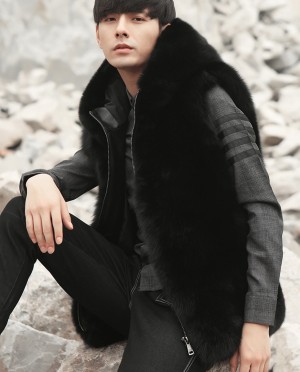 Mens Fox Fur Black Hooded Zip Vest