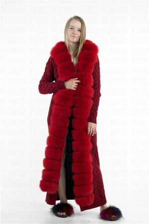 Red Fox Fur Collar Cardigan Long Cashmere Coat Hoodies
