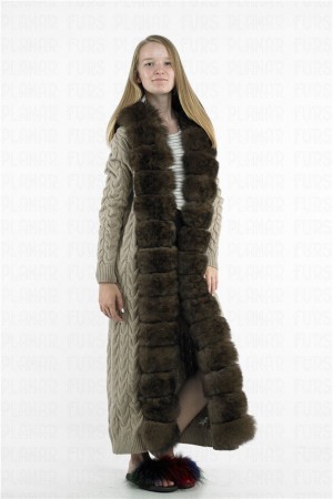 Beige Fox Fur Collar Long Cardigan with Hoodies