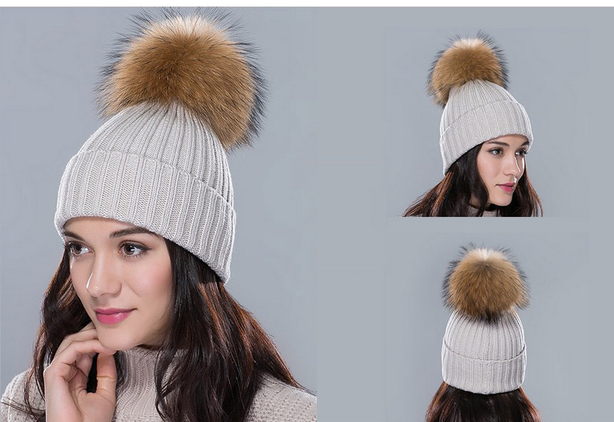 beige raccoon fur bobble hat