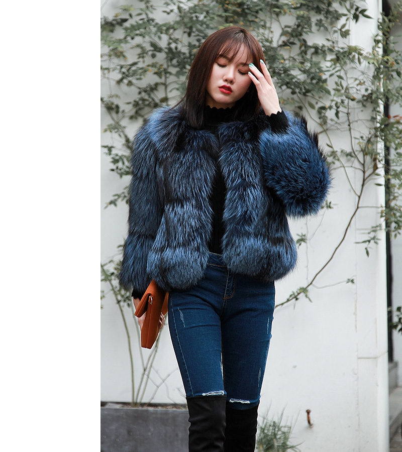 Cropped Silver Fox Fur Jacket in Blue 0005-14
