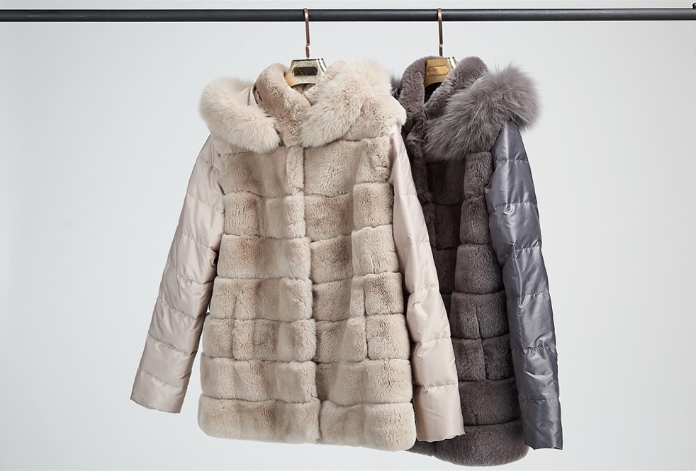 Fox Fur Trimmed Hood Rex Rabbit Fur Jacket with Detachable Down-filled Sleeves 218 Details 1