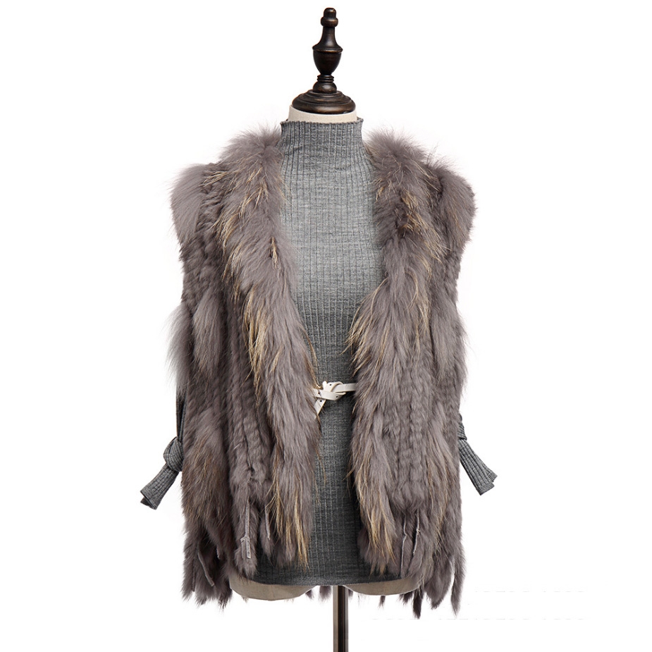 Knitted Rabbit Fur Vest with Raccoon Fur Trim 234 Gray